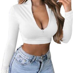 Women's White Fleece-Lined V-Neck Long Sleeve Crop Top with Zipper, Slim Fit, Pe